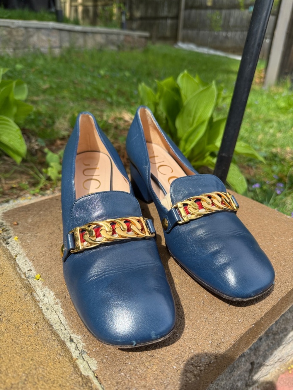 Gucci Blue Leather Chain Detail heels Loafers